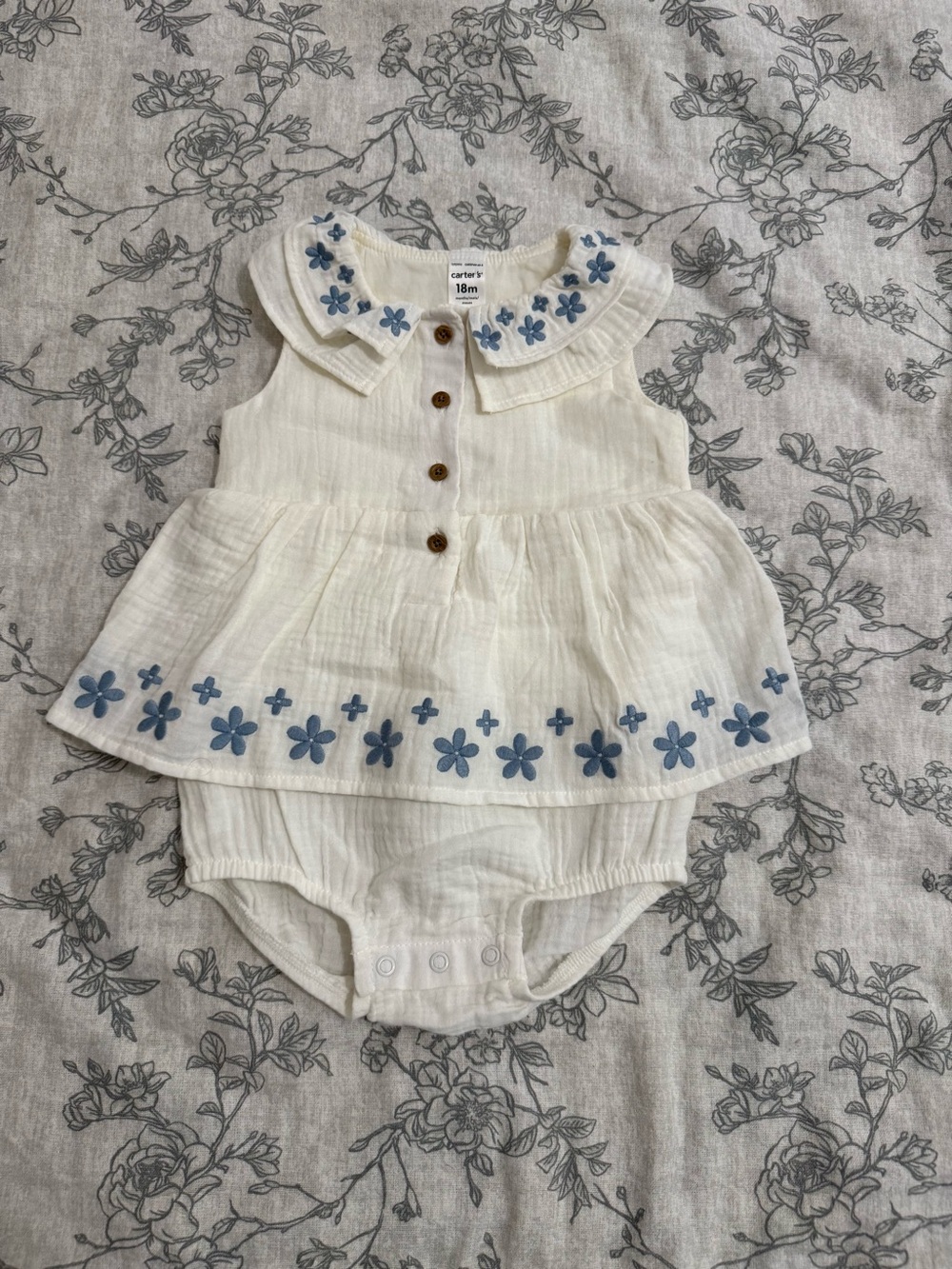 Carter's Cream Dress Romper with Blue Floral Trim